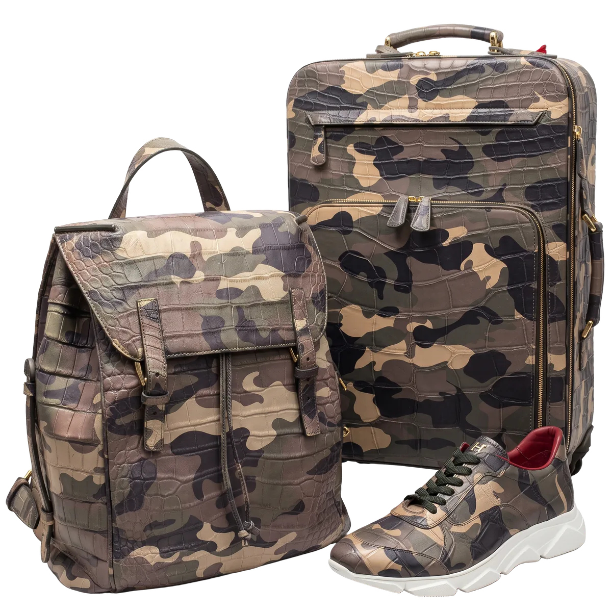 Camouflage crocodile leather trolley case, backpack and sneaker made to order