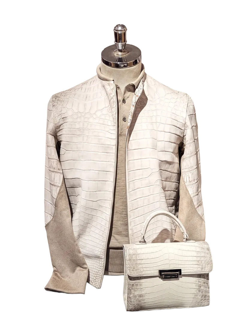 Ivory crocodile leather jacket and handbag
